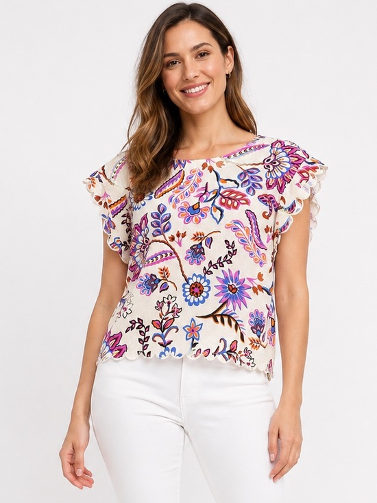 Ellen Tracy Tops - Ellen Tracy Mixed Botanical Floral Linen Blend Scalloped Boxy Top Large coastal